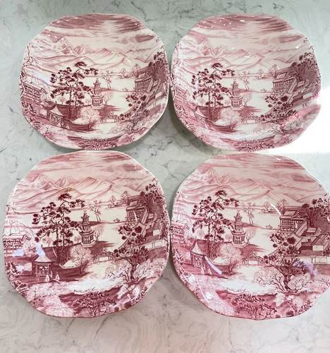 Johnson Brothers Enchanted Garden Pink Square Soup Cereal Bowls ~Set Of 4~ VTG