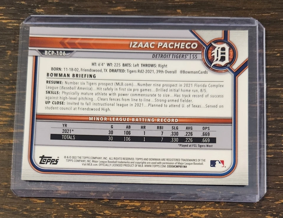 2022 Bowman Sapphire Edition Izaac Pacheco Rookie Detroit Tigers #BCP-106 - Image 2 of 2