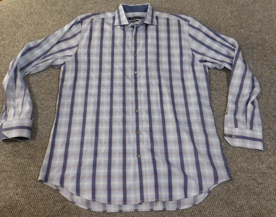 Bugatchi Shirt xl blue plaid mens shaped fit plaid button up geometric business - Image 2 of 4