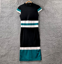 CBR Womens Bodycon Dress Size M Black White Green Stripe Stretch Knit High Neck