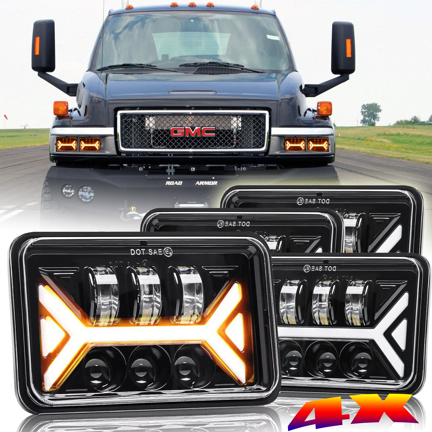 4PCS For GMC C4500 C5500 Topkick 2003-2009 DOT 4x6" LED Headlights Hi/Lo Beam H4
