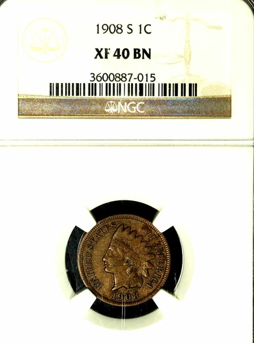 1908-S 1C XF40BN NGC -INDIAN HEAD CENT