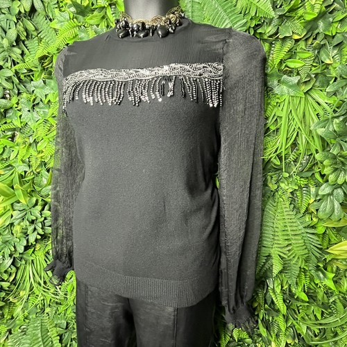 ONTWELFTH Tops Women XL Black Sweater Blouse Sequins Accent Sheer Sleeve 0145 - Picture 8 of 13