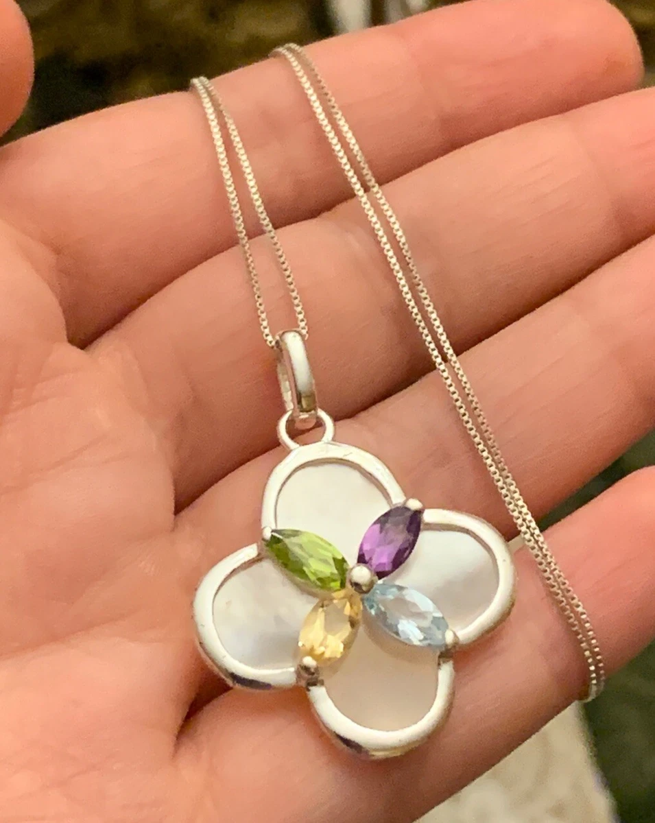 Modern Sterling Silver Four Leaf Clover Mother Of Pearl Pendant