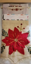 Cynthia Rowley Christmas Mantel Scarf Poinsettia Red Tan Burlap Country Rustic