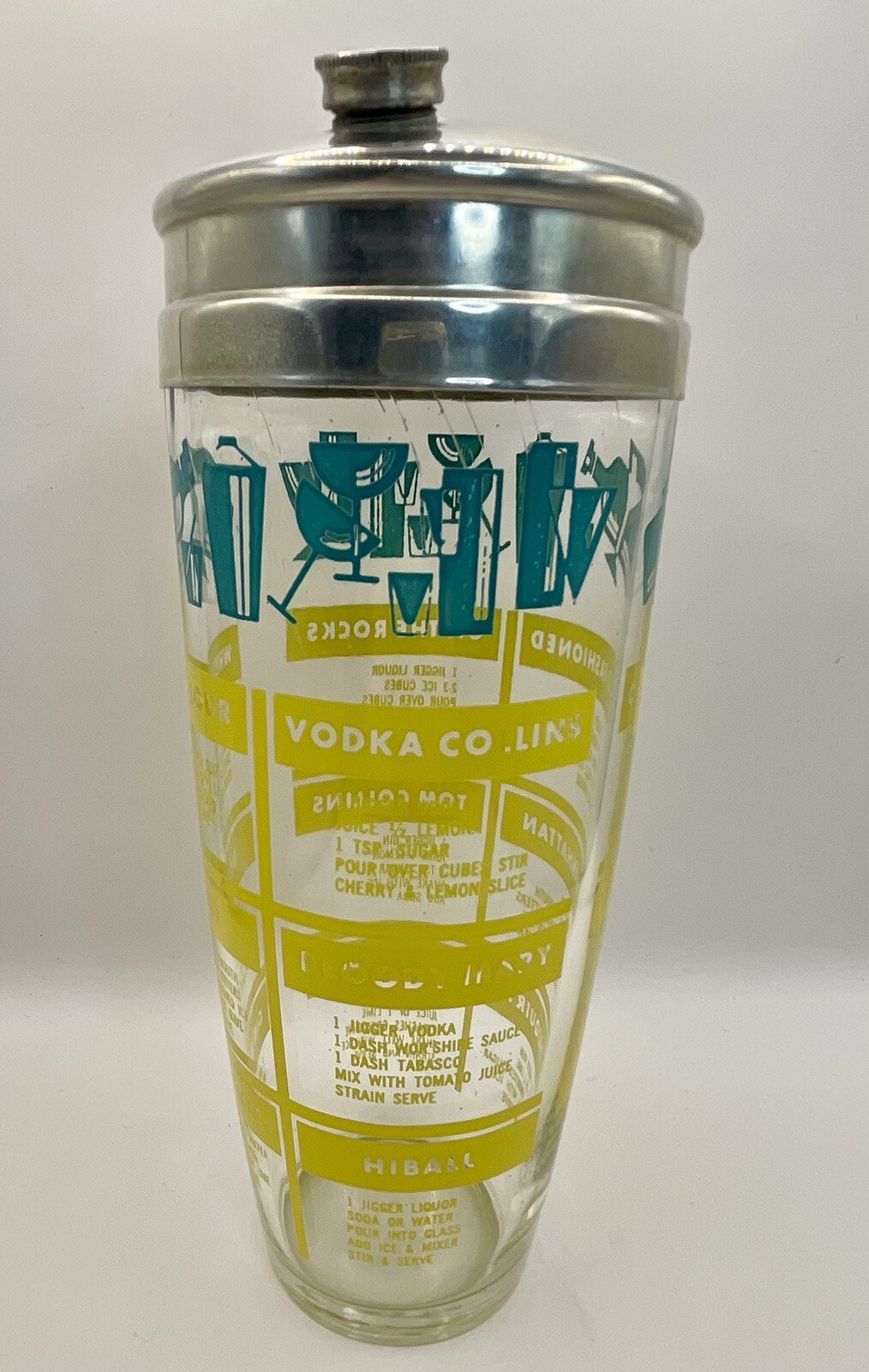 Vintage 9" Atlas Glass Cocktail Shaker Mixer MCM 12 Recipes Metal Lid USA eBay