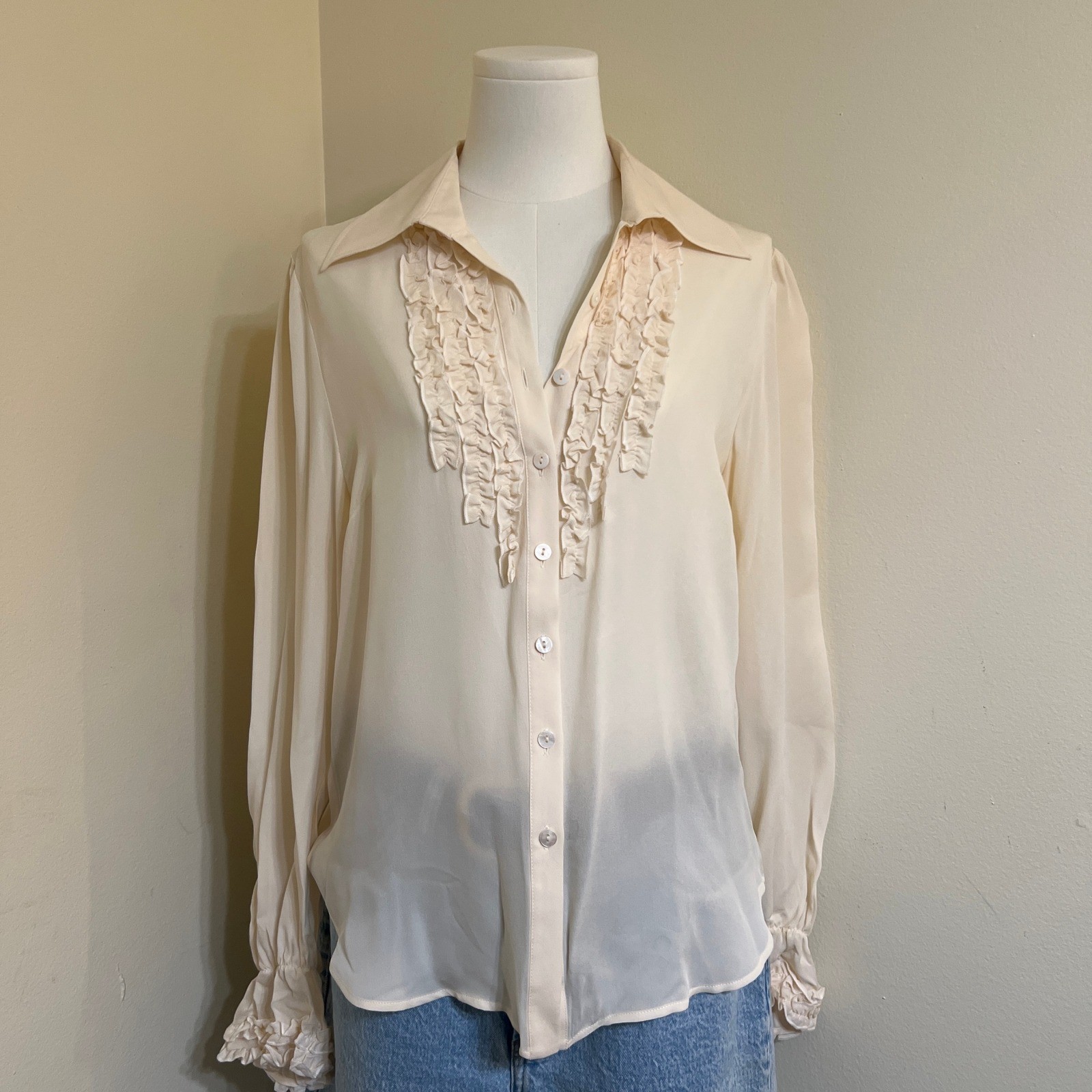 Tracy M Womens Ivory 100% Silk Ruffle Front Long Sleeve Button Down Blouse Sz L