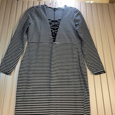 Express Womens Black White Striped Lace Up V-Neck Long Sleeve Sheath Dress L