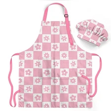 Checker Daisy Kids Apron for Girls, Polyester Apron and Chef Hat with Pocket ...