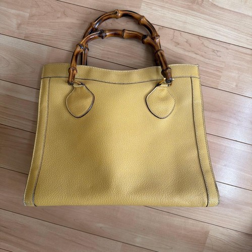 Authentic GUCCI Bamboo Diana Handbag Yellow 29cm Leather Shoulder Bag Damaged St