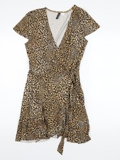 H&M Womens Brown Animal Print Polyester Wrap Dress Size 10 V-Neck Tie
