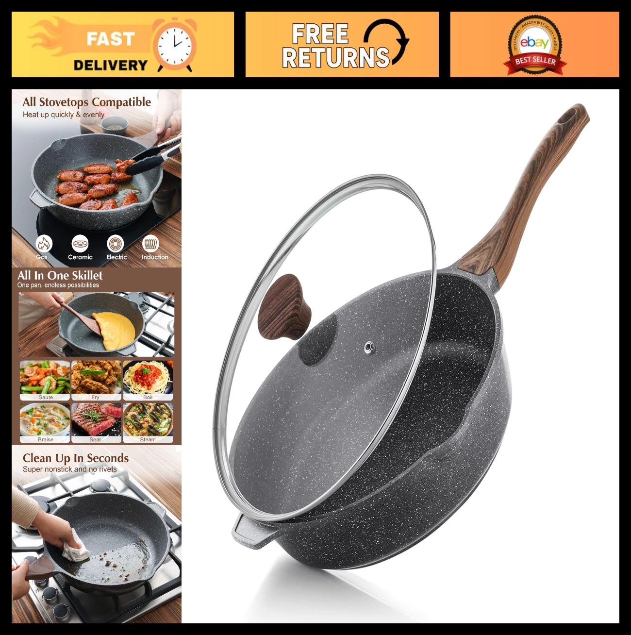 Nonstick 12" Deep Frying Pan with Lid, Stay-Cool Handle, Induction Compatible, P