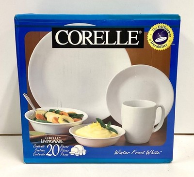 New in Box CORELLE LIVINGWARE 20 Piece Set Winter Frost White
