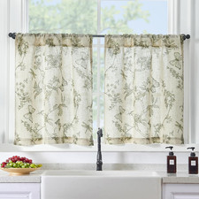 Green Floral Linen Kitchen Curtains 24 Inch Long, Linen Farmhouse Cafe Rustic Co