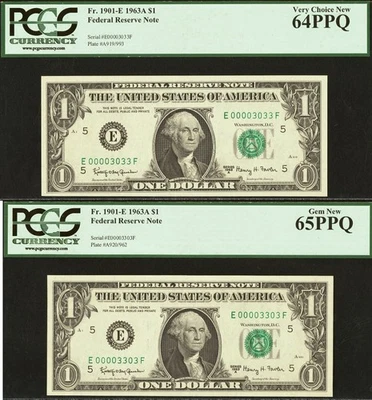 1963A $1 FRN PCGS 65PPQ - Matching Digits Low Serial Number 00003033 & 00003303 - Image 1 of 4