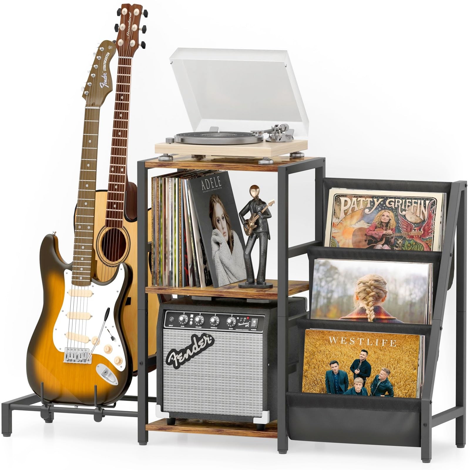 Wooden Record Player Stand with Multi-Guitar Holder for Acoustic, Electric & Bass Guitars-image