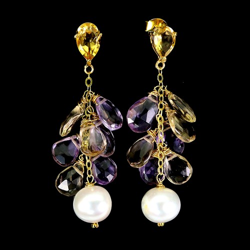 925 Sterling Silber Ohrringe Briolette Ametrin Citrin Perle Edelstein Schmuck