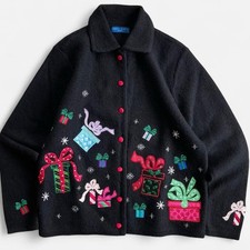 Vintage Karen Scott Wool Black Embroidered Christmas Holiday Present Cardigan S