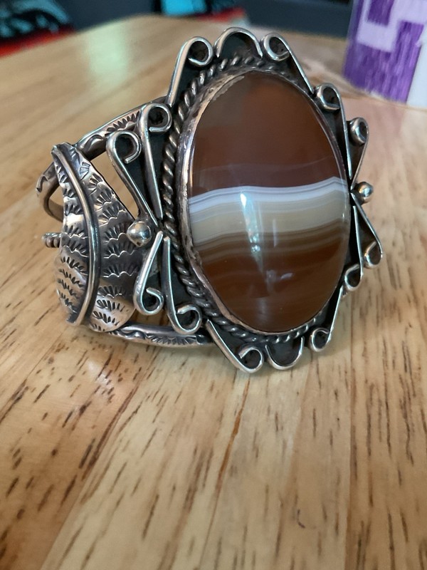 Native American Style Silver And Agate Cuff Bracelet