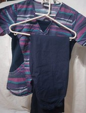 Vintage U A Scrubs Purple Turquoise And Black With Blue Pants Set Size Medium