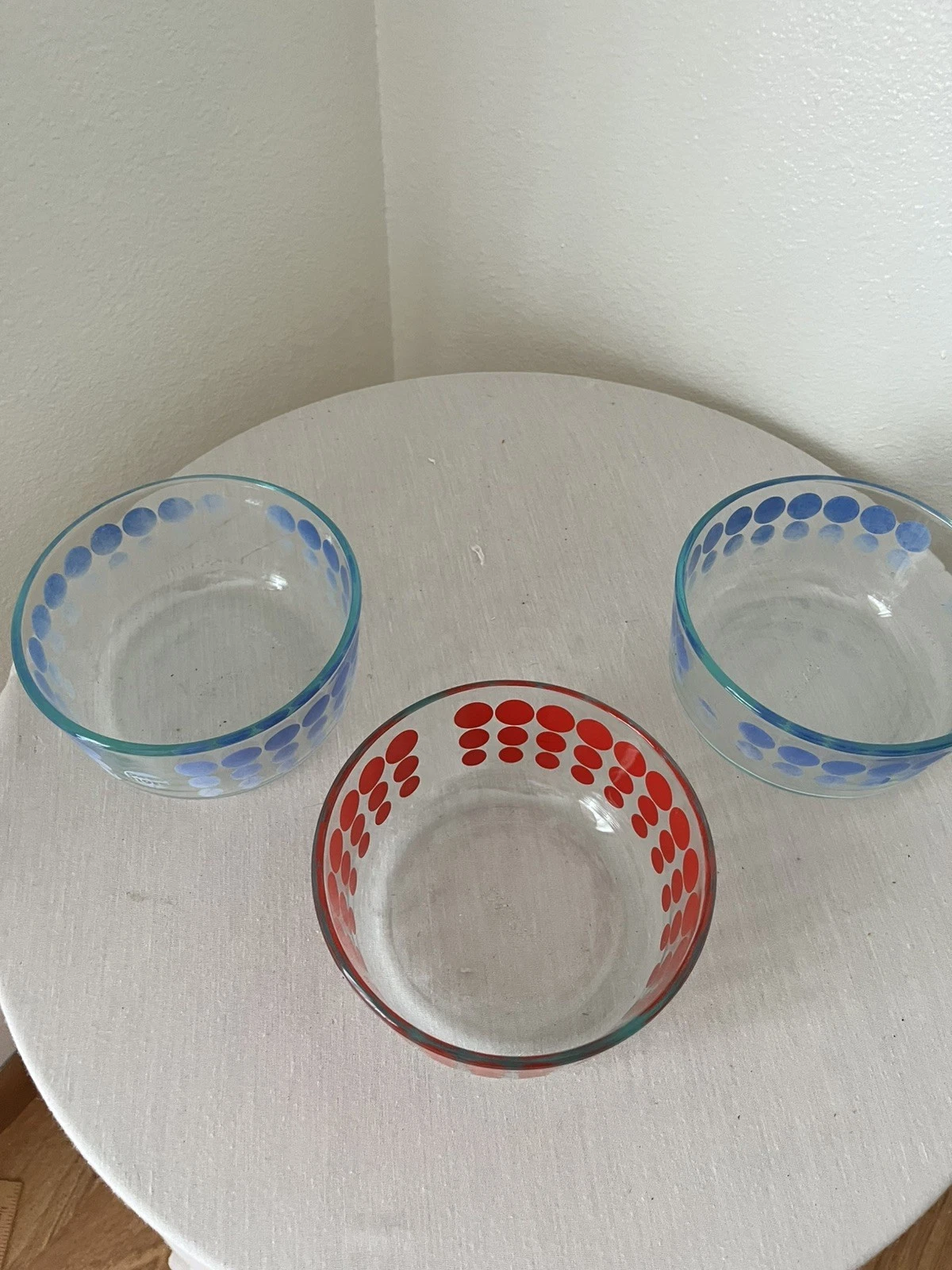 Set of 3Pyrex Bowls, One Red Dot and 2 Blue