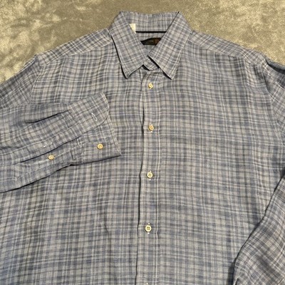 Corneliani Mens Button Up Check Cotton Linen Club Collard Shirt 16.5 42