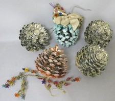  5 Vintage Metal Sparkled PINECONE Christmas Ornaments Lot - LARGE Glitter Snow