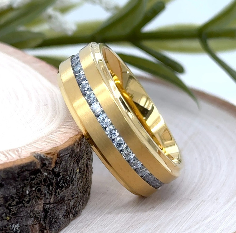 8mm Gold Titanium Unisex Band for Christmas Polished CZ Stone Channel Inlay Ring