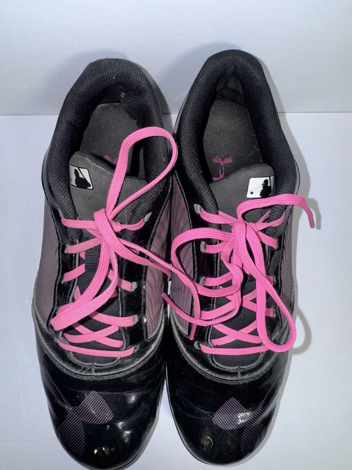 Under Armour Softball Size 6.5 Y Cleats Sports Black & Pink Lace Up - Image 4 of 4