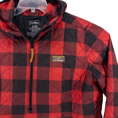LL Bean Womens 1X Katahdin Red Buffalo Plaid Half Zip Hooded Pullover Primaloft