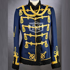 Men Royal Blue Wool Hussar Military Jacket Gold Braid Parade Reenactment ,