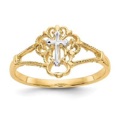 14K zweifarbiger Gold diamantgeschliffener Kreuzring für Frauen Größe 7, 1,53 Gramm