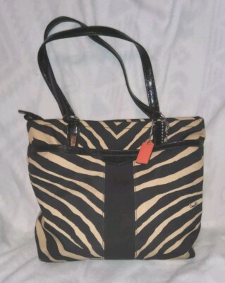 Coach Zebra Medium Black White Tote Canvas and Patent Leather
