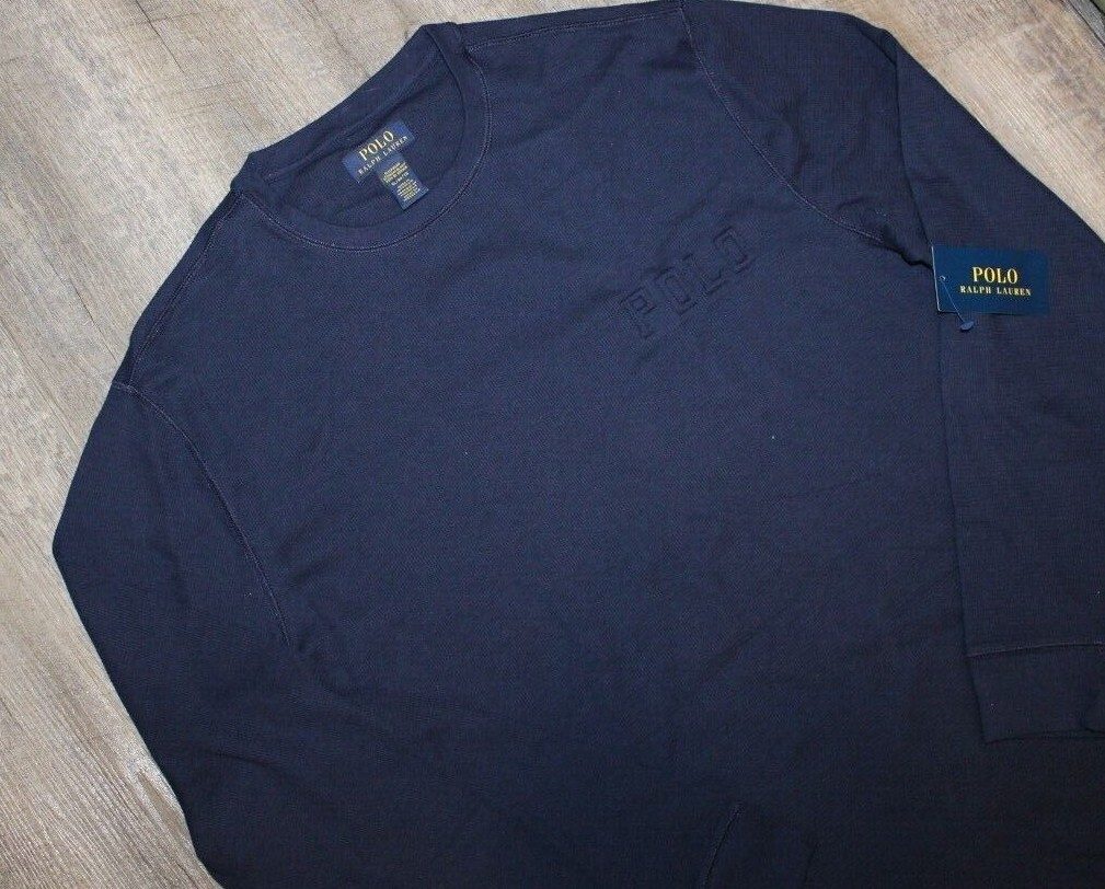 Polo Ralph Lauren uomo waffle pony goffrato LS felpa maglietta blu navy nuova con etichette