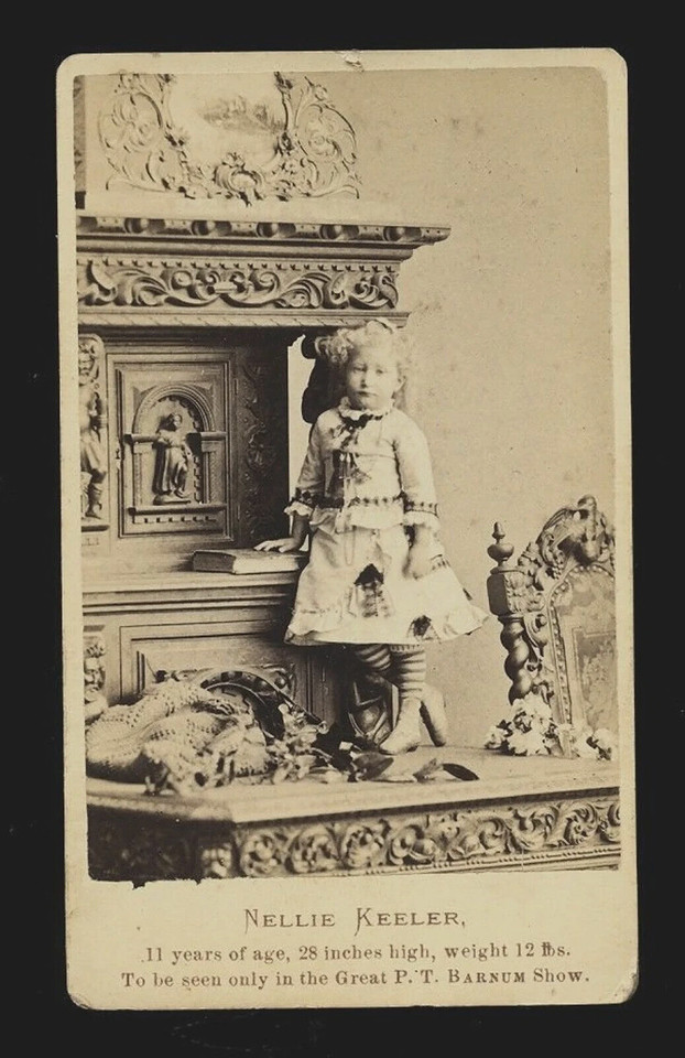 An original 19th-century CDV (carte-de-visite) photograph of a real Barnum sideshow circus performer — Nellie Keeler — shot by legendary photographer Bogardus; a genuine piece of American circus history you can hold in your hand.