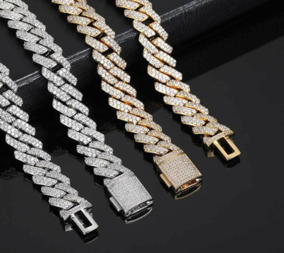 Gold Plated Stainless Steel 10MM Iced Out Miami Cuban Link Chain Bracelet White