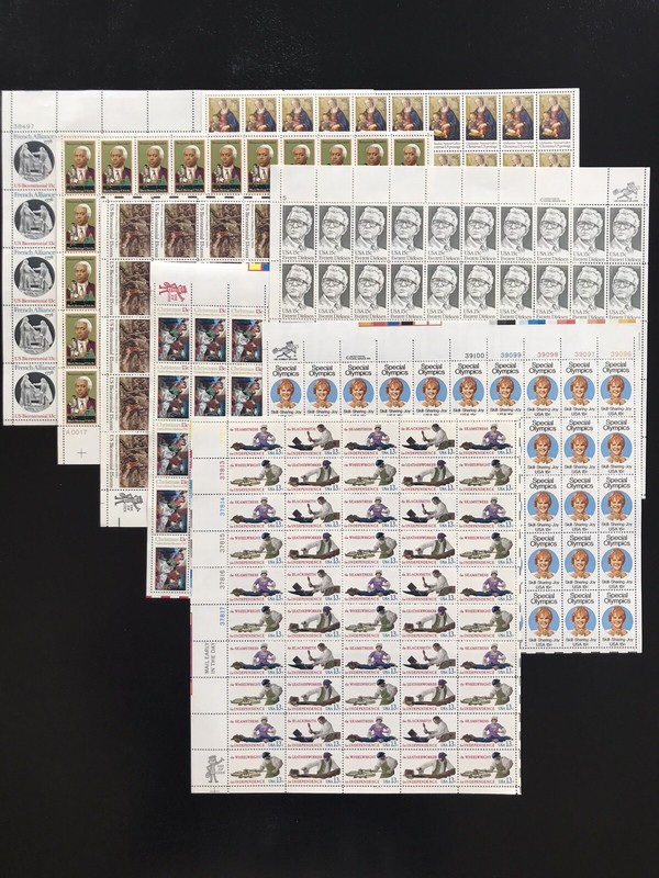 430 U.S. MINT STAMPS 10 SHEETS (2 PARTIAL) FV = $59, CV $250 SEE PHOTOS!