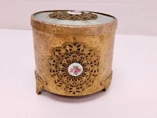 Antique Thorens Gold Filigree & Guilloche Music Box Ornate Footed Roses