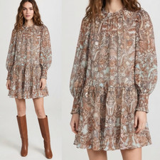 Ulla Johnson Folk Art Floral Animal Print Mini Dress Cotton Viscose Puff Sleeve 