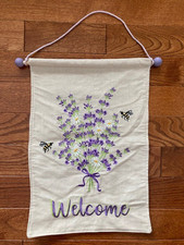 Welcome Floral Wall Hanging Fabric Banner w/Pole Purple Flowers 18"H x 12.25"W