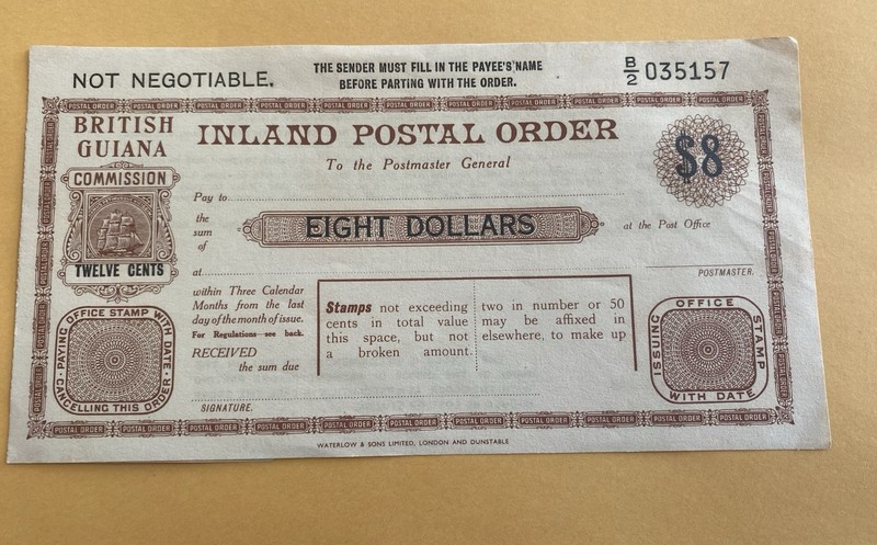 ** RARE ** BLANK British Guiana INLAND POSTAL ORDER $8 * Vintage NEVER USED