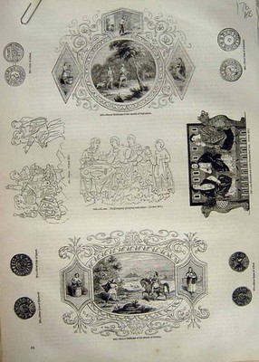 Antiker Druck *1746 um 1890 Sächsische Embleme Münzen Bayeux Wandteppich Penny Edward