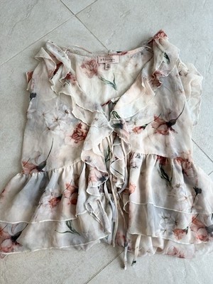 Philosophy Republic Clothing Floral Ruffle Sleeveless Blouse White Pink Green M