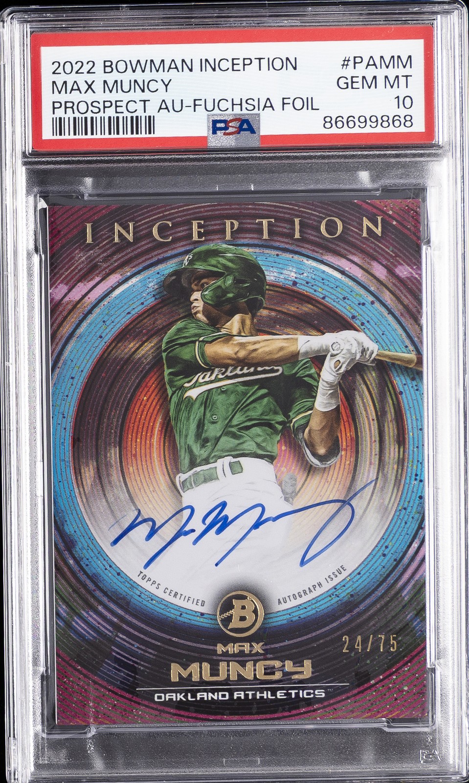 MAX MUNCY 2022 BOWMAN INCEPTION PRSPCT AUTOS FUCHSIA FOIL 24/75 PSA 10 AUTO 