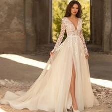 Boho Wedding Dresses V-Neck Long Sleeves A-Line Beach Bridal Gown Slit Appliques