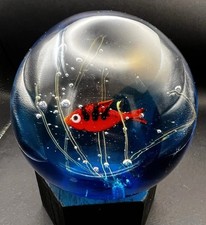 Signed Elio Raffaeli Large Glass Paperweight Gold Fish Bowl Murano