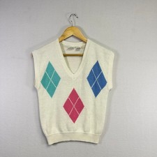 Vintage Argyle Suburban Petites Women PS White Pink Blue V-Neck Sweater Vest