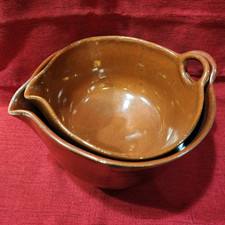 Unmarked Brown Pottery Spouted Bowls w/ Handle, Round, Glossy Finish, 10 in