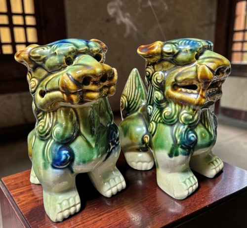 Asian Glazed Ceramic Shisa Male & Female Foo Dogs Okinawa Japan ~ 5.25" T X 5" W