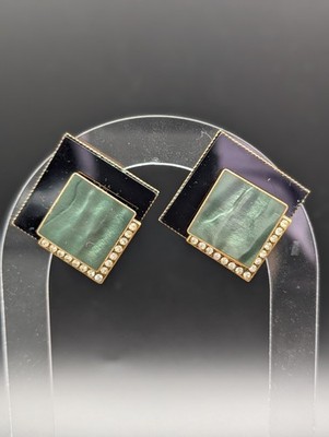 Vintage ERMANI BULATTI Clip Ohrringe 80er Strass Grün Schwarz Gold Raute